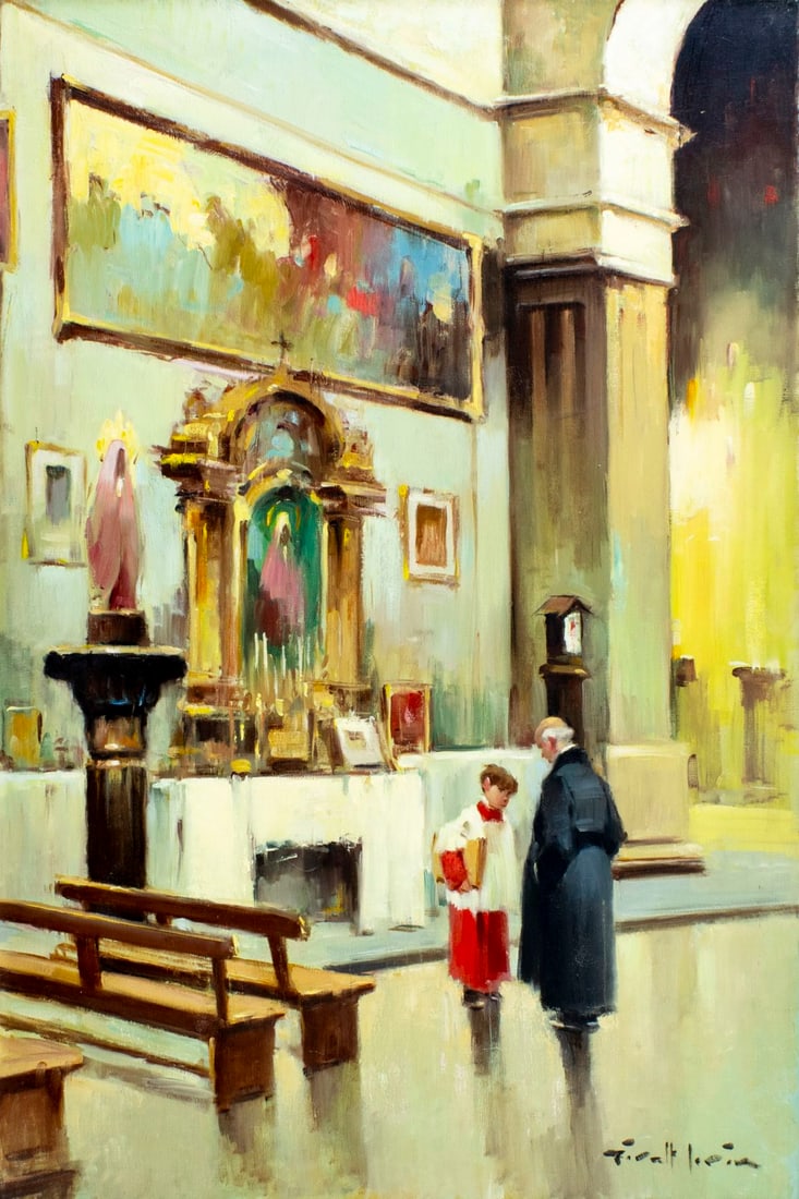 Joan Giralt Lerin (Spain,1907-?) oil painting: ARTIST: Joan Giralt Lerin (Spanish, 1907 - ???) TITLE: Cathedral Scene MEDIUM: oil on canvas CONDITION: Unstretched (In-House stretching available). Missing a few flakes