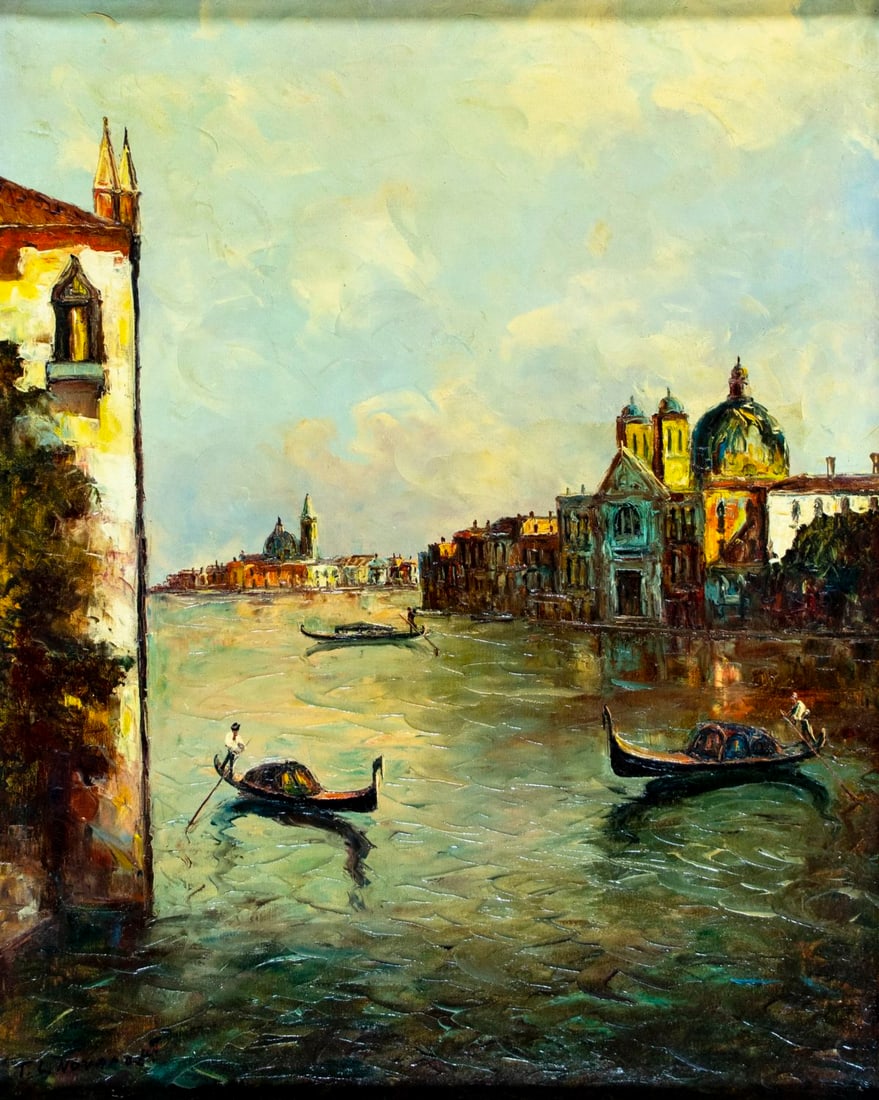 T L Novaretti (Italy,20C) oil painting: ARTIST: T L Novaretti (Italian, 20 century) TITLE: Venice Cityscape with Gondolas, Italy MEDIUM: oil on canvas CONDITION: Few very minor paint losses along the lower edge. N