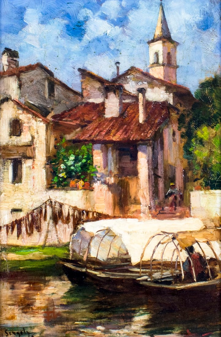 Imre Gergely (Hungary,1868-1914) oil painting antique: ARTIST: Imre Gergely (Hungarian, 1868 - 1914) NAME: Venetian Cityscape MEDIUM: oil on board CONDITION: Very good. No visible inpaint under UV light. SIGHT SIZE: 15 x 10 inches / 38 x 25 c