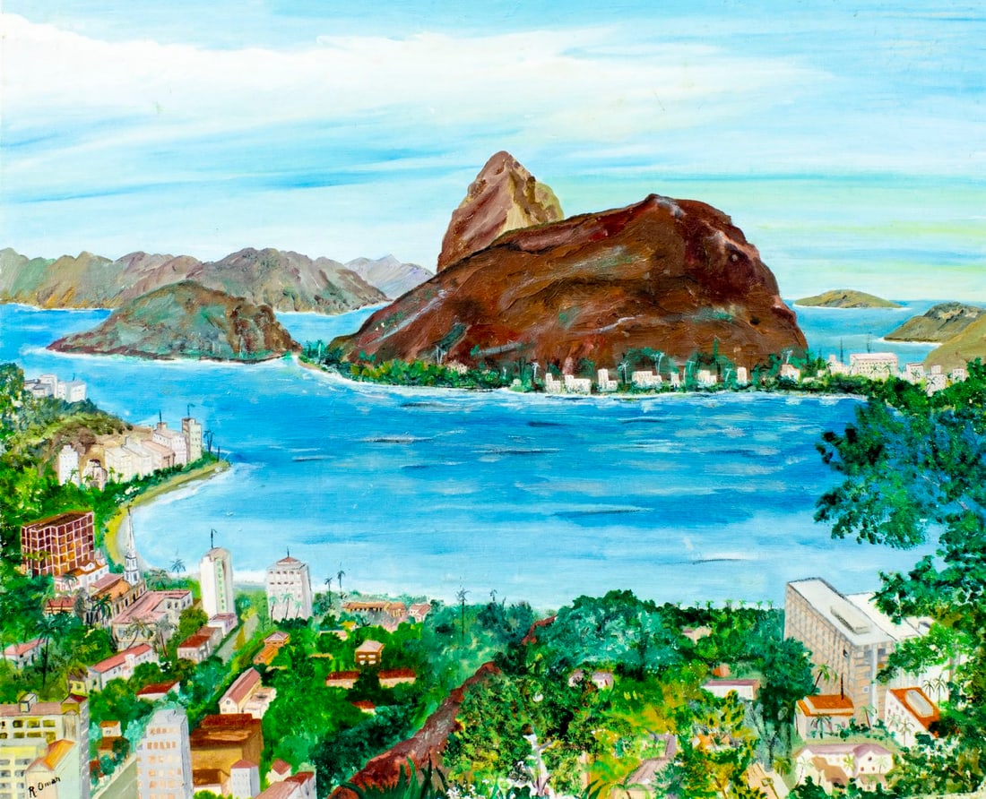 R Oman (US,20C) oil painting: ARTIST: R Oman (American, 20 century) TITLE: Rio de Janeiro Cityscape, Brazil MEDIUM: oil on canvas board CONDITION: Some small damages to corners and edges. Some paint loss