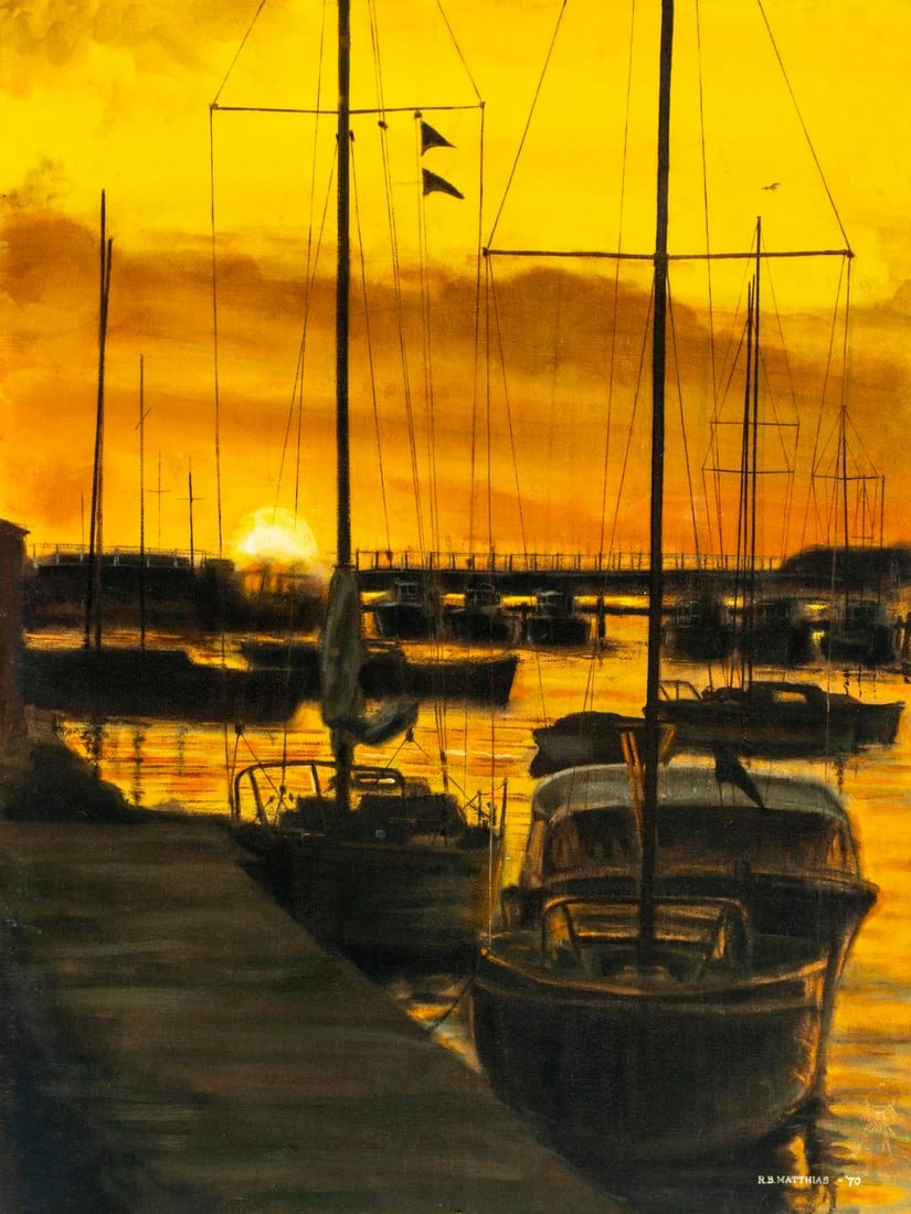 R B Matthias (US,20C) oil painting: ARTIST: R B Matthias (American, 20 century) TITLE: Sunset Harbor Scene YEAR: 1970 MEDIUM: oil on canvas CONDITION: Overall good. No visible inpaint under