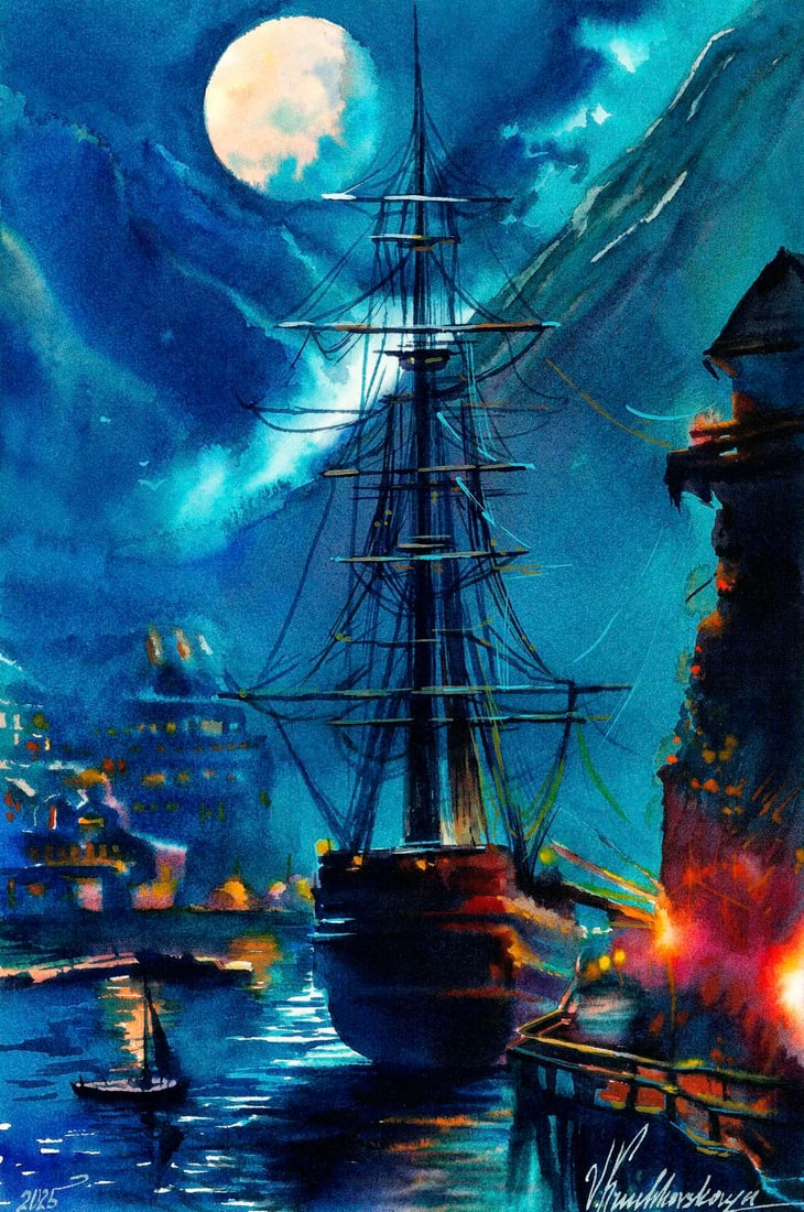 Veronika Kruchkovskaya (Ukraine,b 2004) watercolor painting: ARTIST: Veronika Kruchkovskaya (Ukrainian, born 2004) TITLE: Moonlit Harbor Scene with Sail Ship MEDIUM: watercolor on heavy paper CONDITION: Very good. ART SIZE:
