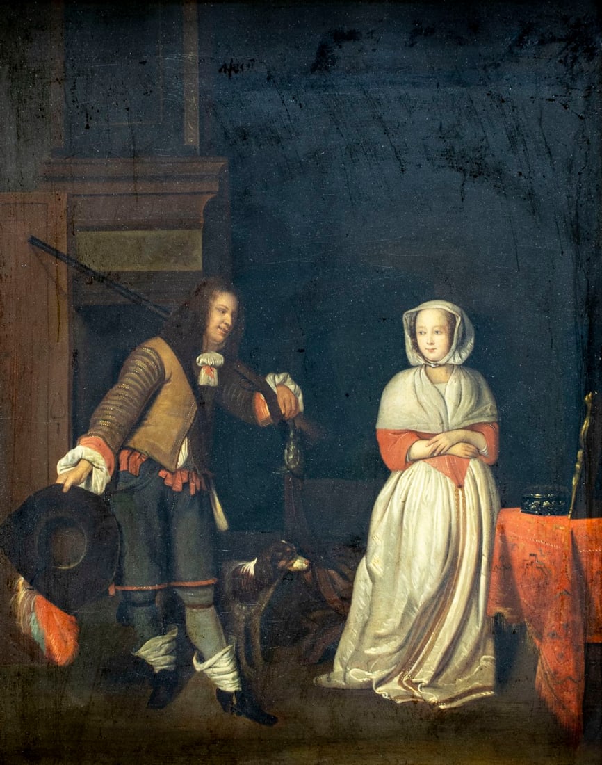 Antique 19C French oil painting AFTER Gabriel Metsu (1 of 15)