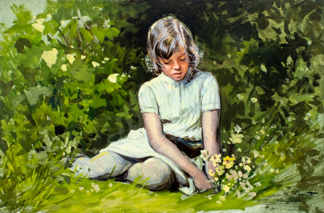 Giordano Giovanetti (Italy,1906-1973) oil painting: ARTIST: Giordano Giovanetti (Italian, 1906 - 1973) TITLE: Girl with Flowers MEDIUM: oil on canvas CONDITION: Unstretched (In-House stretching available). Some paint losses