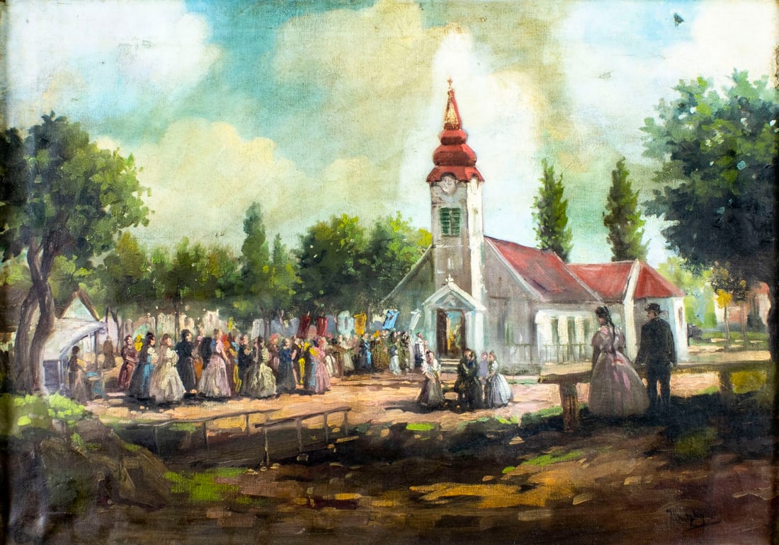 Jozsef Ilnitzky (Hungary,20C) oil painting: ARTIST: Jozsef Ilnitzky (Hungarian, 20 century) TITLE: The Ceremony MEDIUM: oil on canvas CONDITION: Few small patches. Small paint losses. Minor craquelure. Some small sca