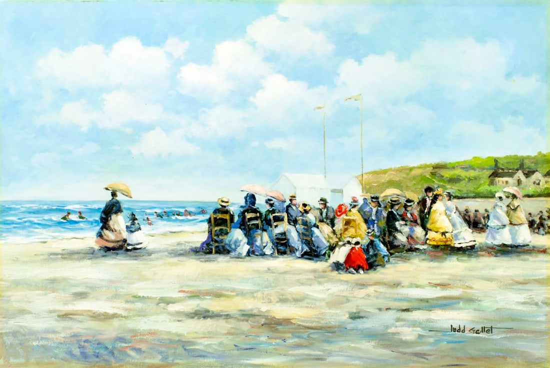Judd Gallet (US,20C) oil painting: ARTIST: Judd Gallet (American, 20 century) TITLE: Beach Scene MEDIUM: oil on canvas CONDITION: Missing a few flakes of paint. Minor craquelure. No visible inpaint under UV l