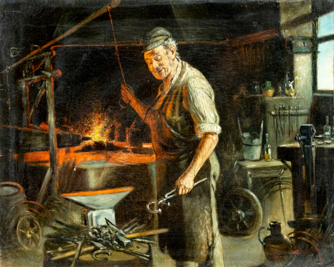 J Stoll (German,19C) oil painting antique: ARTIST: J Stoll (Germany, 19 century) TITLE: Blacksmith at Work MEDIUM: oil on canvas CONDITION: Relined. Some scratches/paint losses. Some craquelure. Some scattered samll