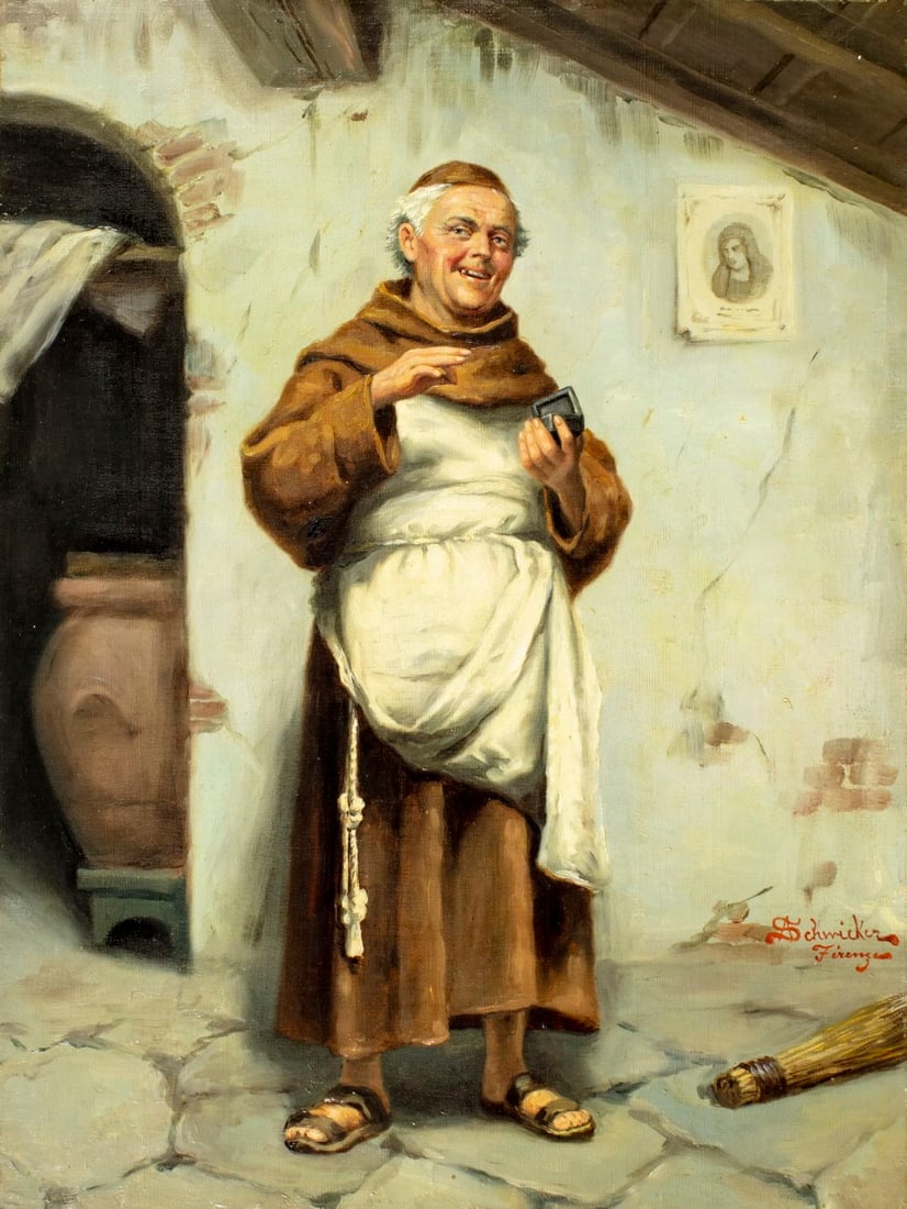 Amelio Schwicker (Italy,19/20C) oil painting antique: ARTIST: Amelio Schwicker (Italian, 19/20 centuries) TITLE: Monk with Pinch of Snuff MEDIUM: oil on canvas CONDITION: Overall good. No visible inpaint under UV light. Normal