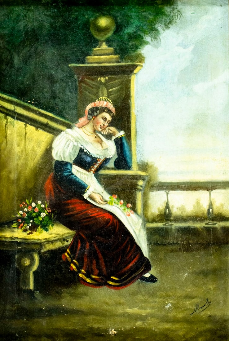 Antique 19C European oil painting signed: ARTIST: - (Europe, 19 century) TITLE: Woman with Flowers MEDIUM: oil on canvas CONDITION: One repaired puncture. One puncture by the lower edge. Some scratches/paint losse