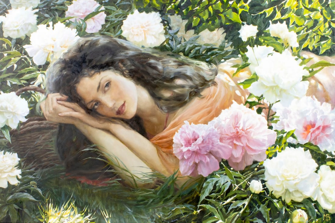 Slava Morgun (Russia,b 1982) oil painting: ARTIST: Viacheslav Morgun (Russia, born 1982) TITLE: Amidst the Flowers (titled on verso) YEAR: 2007 MEDIUM: oil on canvas CONDITION: Overall good. No vi