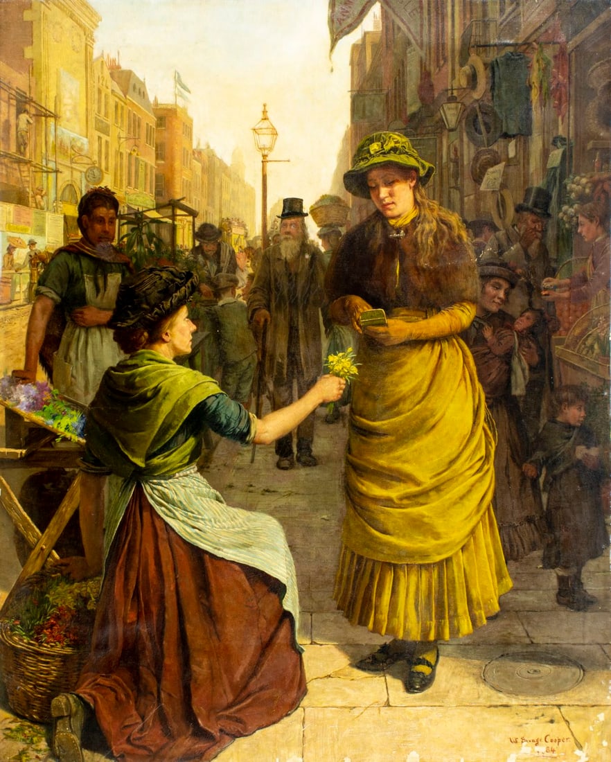 William Savage Cooper (UK,1861-1943) oil painting antique: ARTIST: William Savage Cooper (United Kingdom, 1861 - 1943) TITLE: Street Scene with Flower Seller YEAR: 1884 MEDIUM: oil on canvas CONDITION: Relined. S