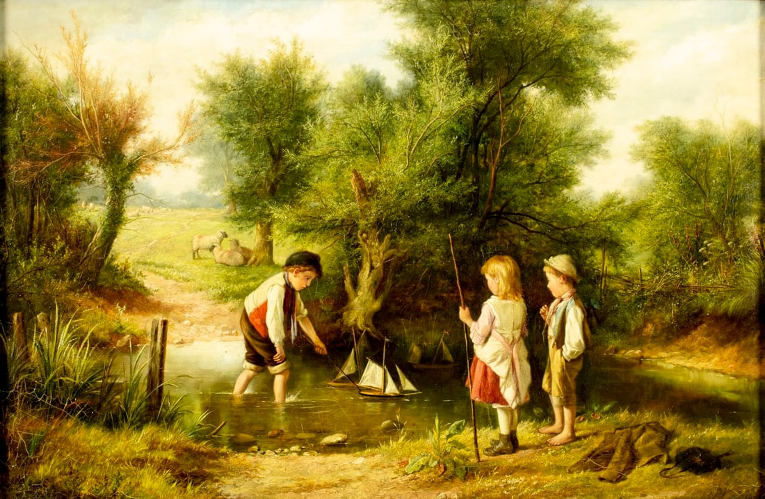 Reuben Hunt (UK,1879-1962) oil painting antique: ARTIST: Reuben Hunt (United Kingdom, 1879 - 1962) TITLE: Children with Toy Boats MEDIUM: oil on canvas CONDITION: Missing a few flakes of paint. Some craquelure. Some scat