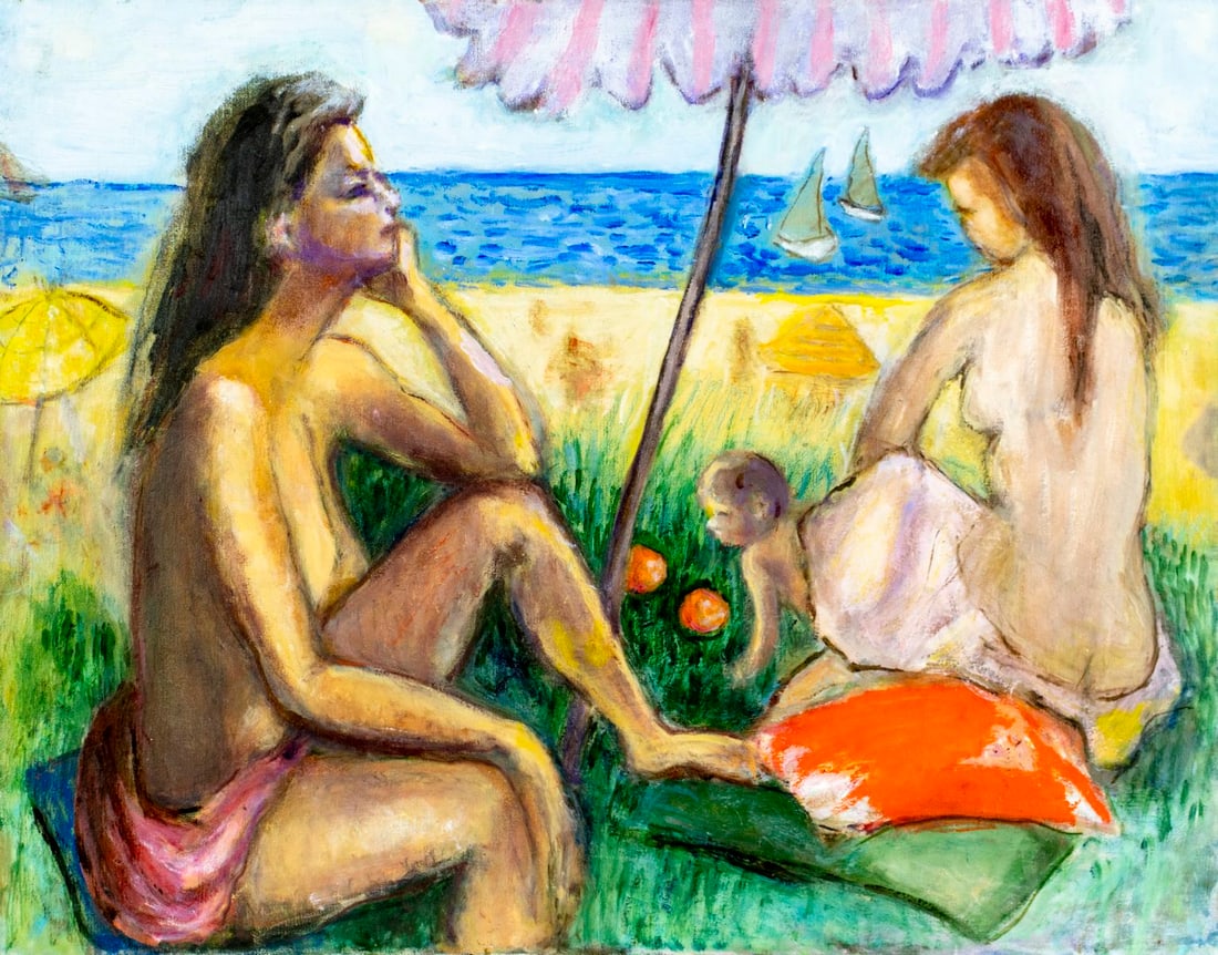 Vintage 20C American oil painting: ARTIST: - (American, 20 century) TITLE: Beach Scene MEDIUM: oil on canvas CONDITION: Few small scratches/paint losses. Very minor craquelure. No visible inpaint under UV