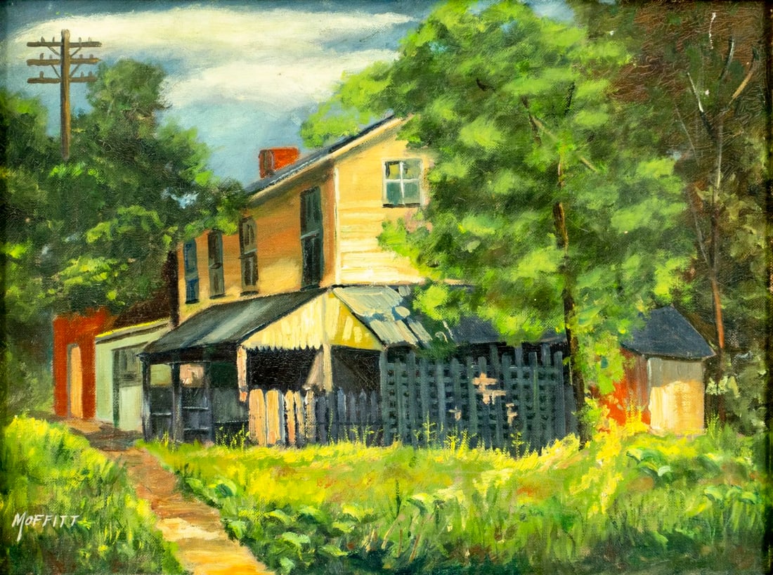 C G Moffitt (US,mid 20C) oil painting: ARTIST: C G Moffitt (American, mid 20 century) TITLE: Landscape with House YEAR: 1957 MEDIUM: oil on canvas board CONDITION: Some scratches/paint losses