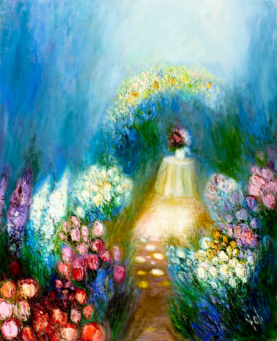 Yolanda Razzeto (Peru,1948-?) oil painting: ARTIST: Yolanda Razzeto (Peruvian, 1948 - ???) TITLE: Flower Garden Landscape MEDIUM: oil on canvas CONDITION: Unstretched (In-House stretching available). Missing a few f