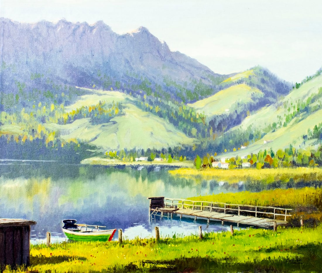 L Santin (Europe,20C) oil painting: ARTIST: L Santin (European, 20 century) TITLE: Mountain Lake Landscape with Houses MEDIUM: oil on canvas CONDITION: Unstretched (In-House stretching available). Overall good