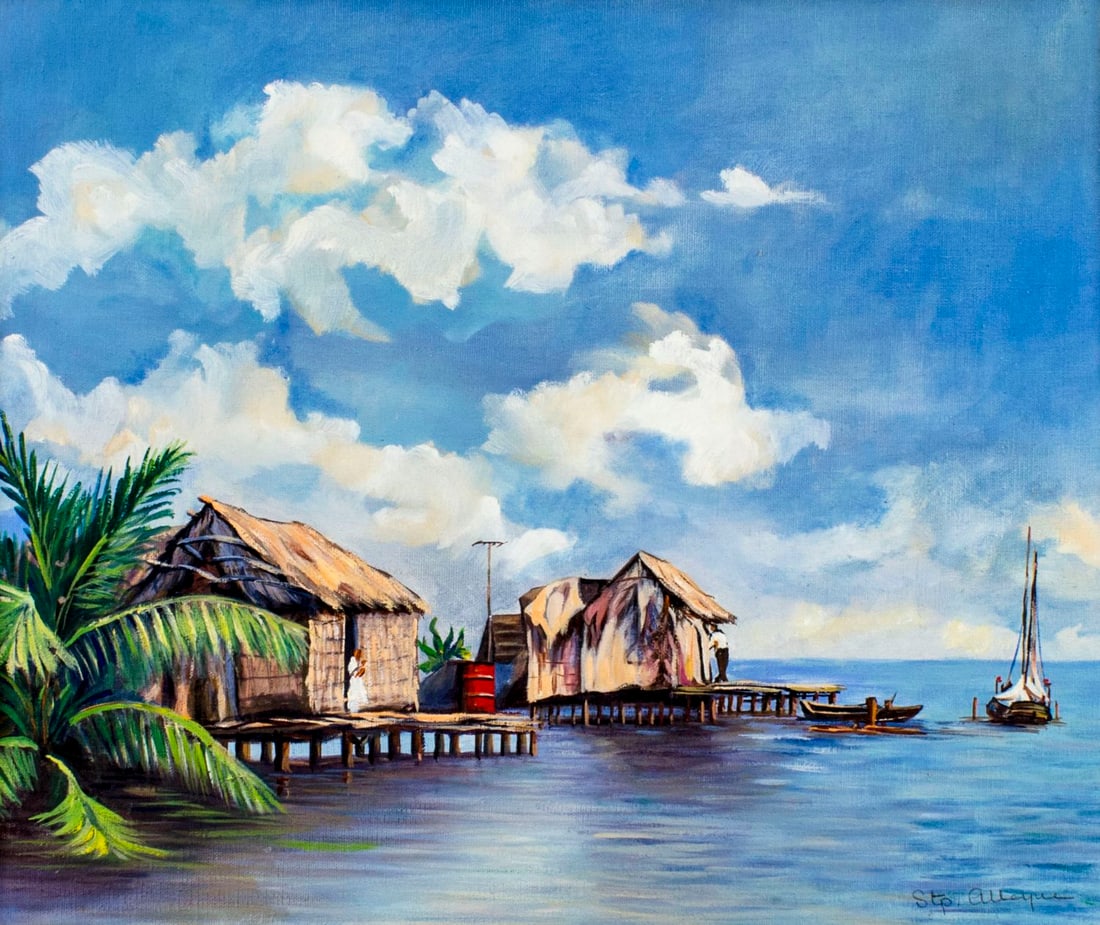 Vintage mid 20C American oil painting: ARTIST: - (American, mid 20 century) NAME: Tropical Seascape MEDIUM: oil on canvas. Canvas applied to board. CONDITION: Very good. No visible inpaint under UV light. SIGHT SIZE: 15 x 18