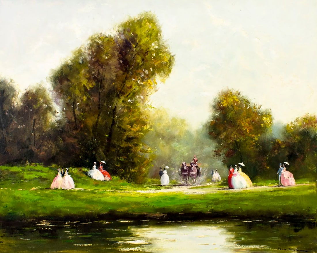 Vintage 20C European oil painting signed: ARTIST: - (Europe, 20 century) TITLE: Park Landscape MEDIUM: oil on canvas CONDITION: Unstretched (In-House stretching available). Few minor paint losses. No visible inpai