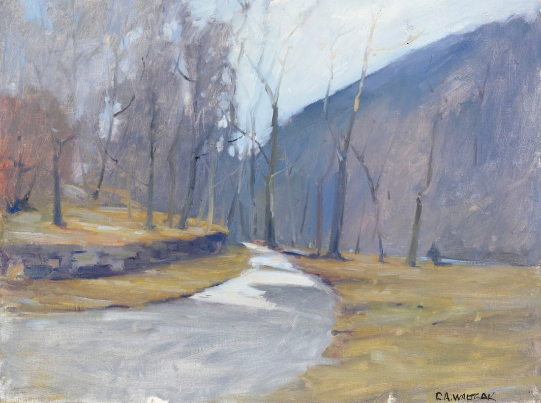 Robert Waltsak (NJ,b 1944) oil painting: ARTIST: Robert Alan Waltsak (New Jersey, born 1944) TITLE: Autumn Hilly Landscape MEDIUM: oil on canvas. Canvas applied to board. CONDITION: Overall good. No visible inpaint