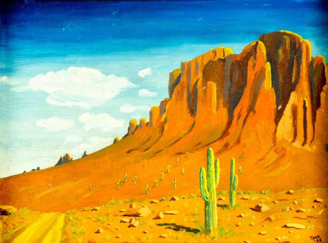 H Tarkington (NY,mid 20C) oil painting: ARTIST: H Tarkington (New York, mid 20 century) TITLE: Superstition Mountain Landscape, AZ YEAR: 1962 MEDIUM: oil on canvas board CONDITION: Some scratch