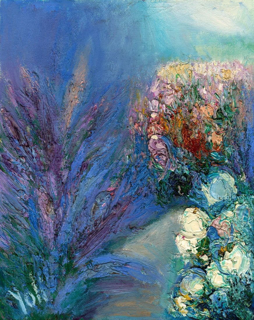 Yolanda Razzeto (Peru,1948-?) oil painting: ARTIST: Yolanda Razzeto (Peruvian, 1948 - ???) TITLE: Flower Garden Landscape MEDIUM: oil on canvas CONDITION: Unstretched (In-House stretching available). Overall good. N
