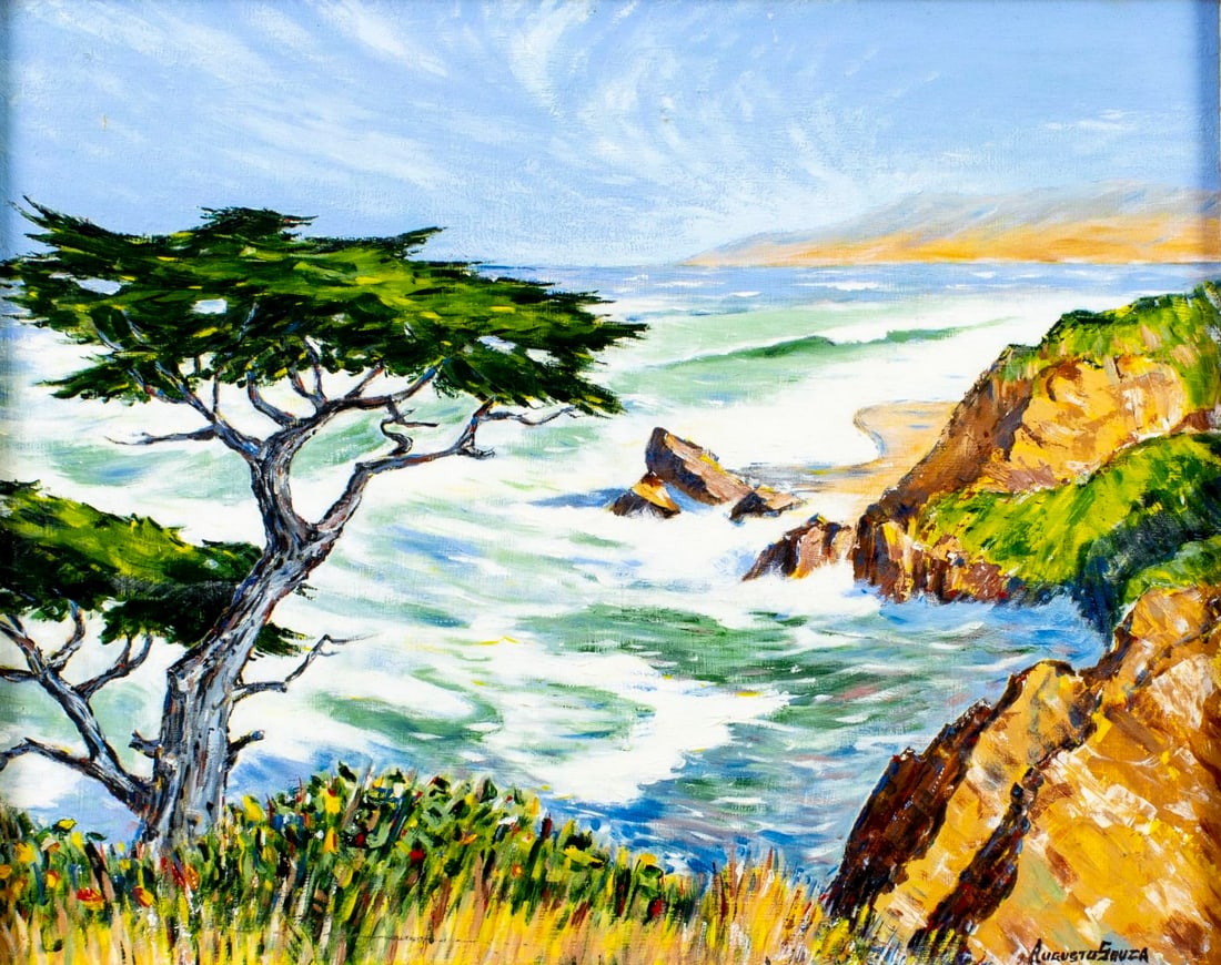 Augusto Souza (CA,1901-1974) oil painting: ARTIST: Augusto Souza (California, 1901 - 1974) TITLE: Coastal Landscape MEDIUM: oil on board CONDITION: Few minor scratches/paint losses. No visible inpaint under UV ligh