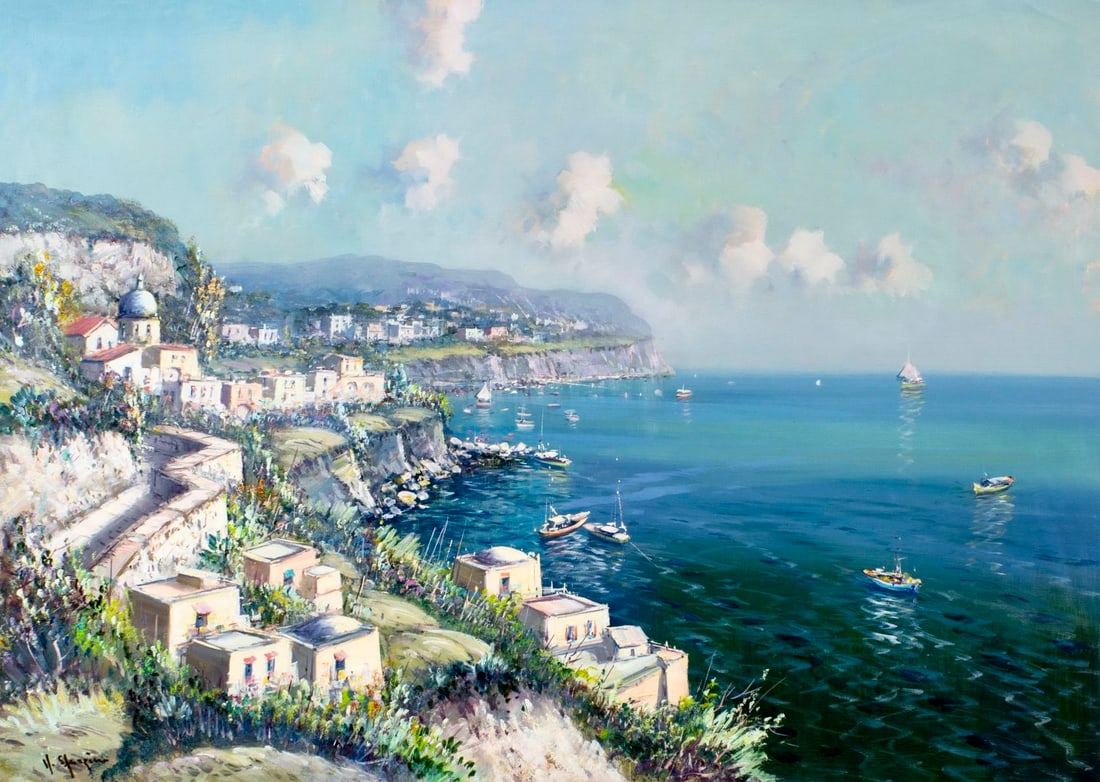 Starzino (Italy,20C) oil painting: ARTIST: Starzino (Italian, 20 century) TITLE: Italian Coastal Town Landscape MEDIUM: oil on canvas CONDITION: Unstretched (In-House stretching available). Minor craquelure.