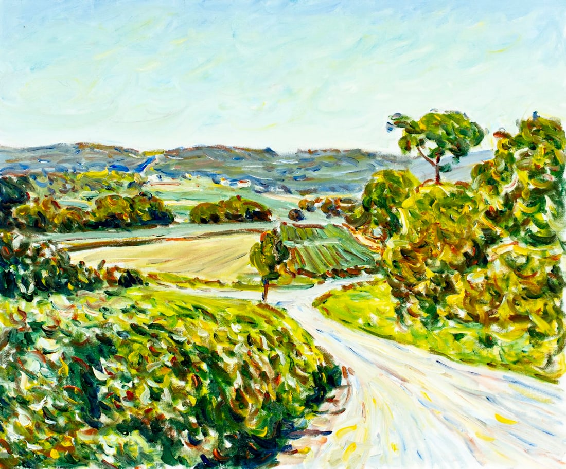 Edmund F Jordan Jr (PA,?-2017) oil painting: ARTIST: Edmund F Jordan Jr (Pennsylvania, ??? - 2017) TITLE: Countryside Landscape MEDIUM: oil on canvas board CONDITION: Few small paint losses mostly in the lower left q