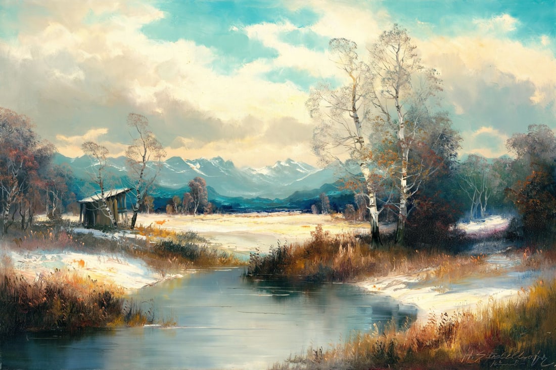 Helmut Stadelhofer (German,1914-1979) oil painting: ARTIST: Helmut Stadelhofer (Germany, 1914 - 1979) TITLE: Mountain Lake Landscape MEDIUM: oil on canvas CONDITION: Unstretched (In-House stretching available). Minor paint