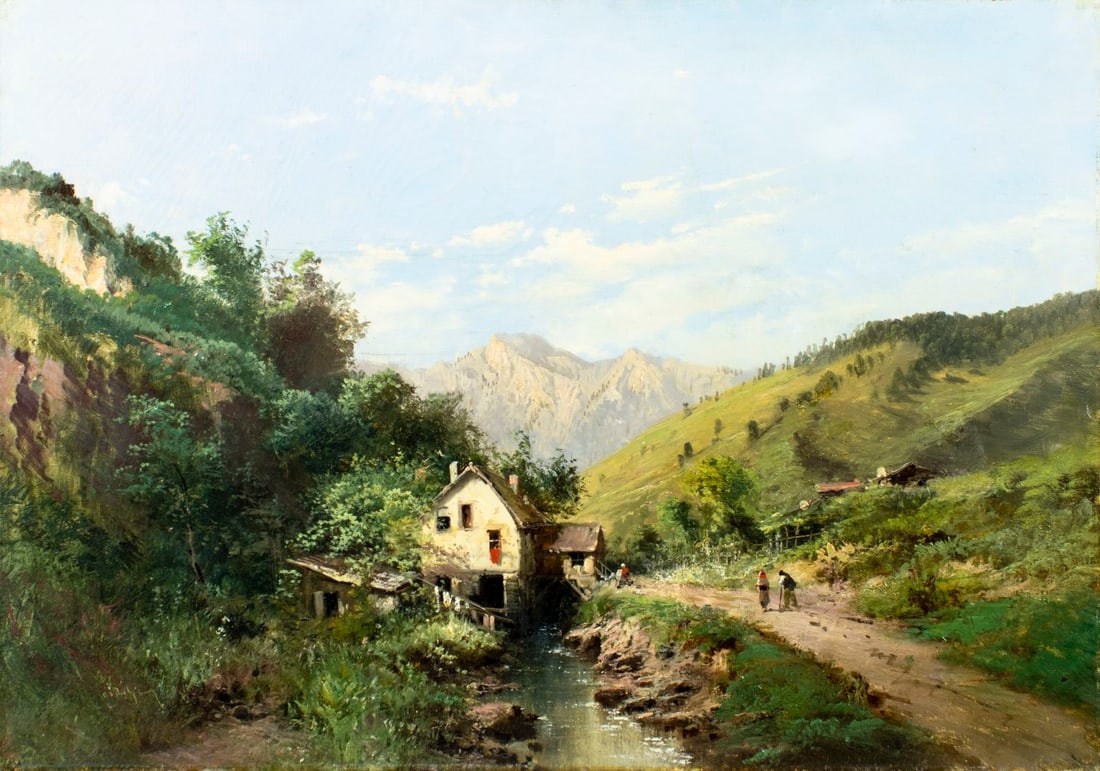 Antique 19C French oil painting signed: ARTIST: - (France, 19 century) TITLE: Mountain Landscape with House MEDIUM: oil on canvas CONDITION: Some patches. Few minor paint losses. Some craquelure. Some scattered