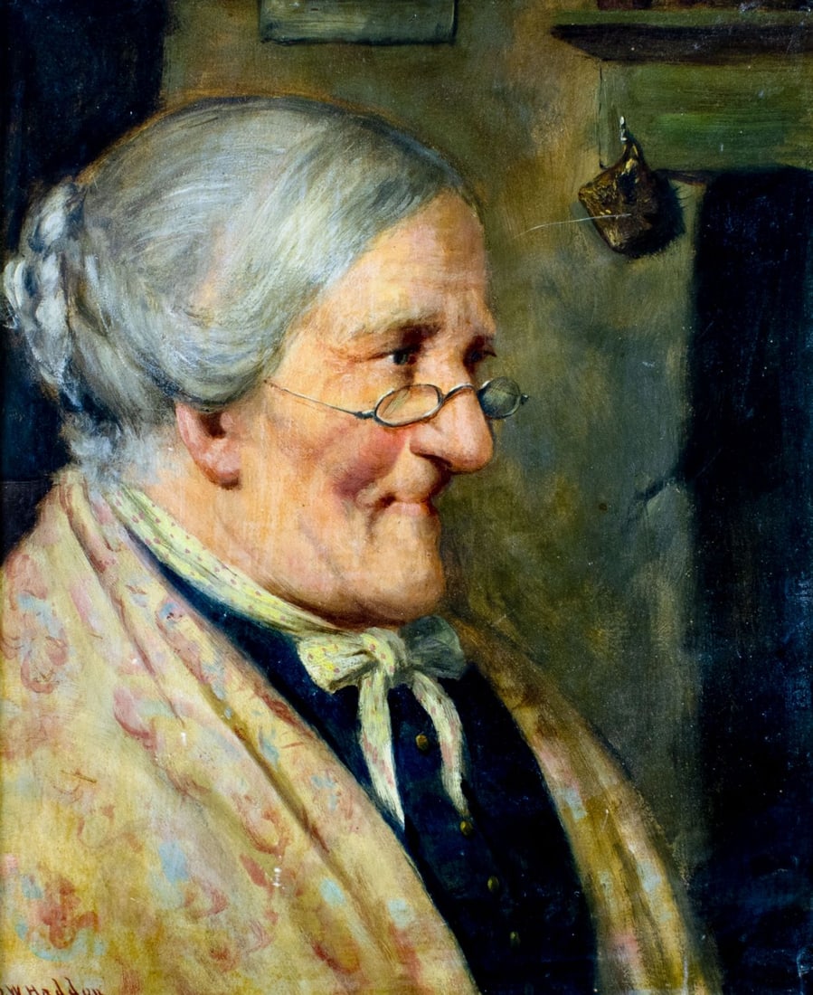 David W Haddon (UK,fl.1884-1914) oil painting antique: ARTIST: David W Haddon (British, fl.1884 - 1914) TITLE: Portrait of Old Woman MEDIUM: oil on board CONDITION: Few small scratches/paint losses. No visible inpaint under UV