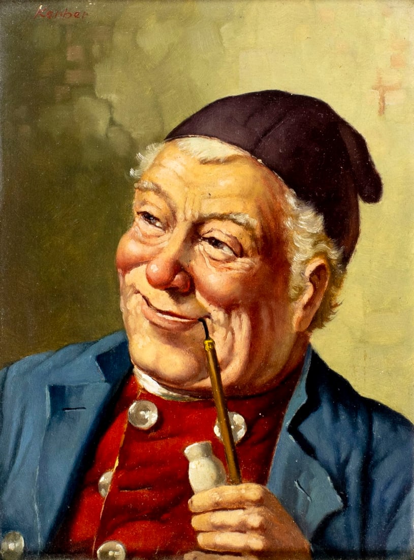 Hans Kerber (Austria,1920-?) oil painting: ARTIST: Hans Kerber (Austrian, 1920 - ???) TITLE: Portrait of Man with Pipe MEDIUM: oil on board CONDITION: Few very minor paint losses. No visible inpaint under UV light.