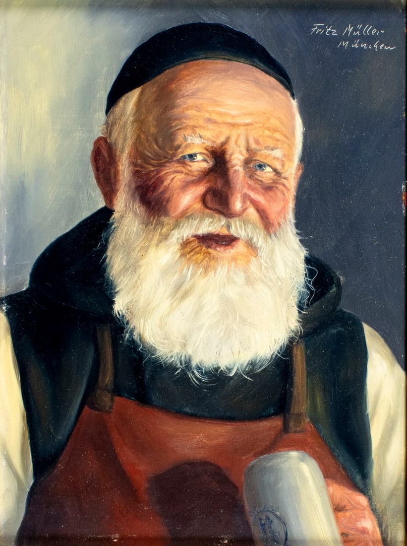 Fritz Muller (German,1913-1972) oil painting: ARTIST: Fritz Muller (Germany, 1913 - 1972) TITLE: Portrait of Man with Mug MEDIUM: oil on board CONDITION: Few minor paint losses mostly along edges. No visible inpaint u