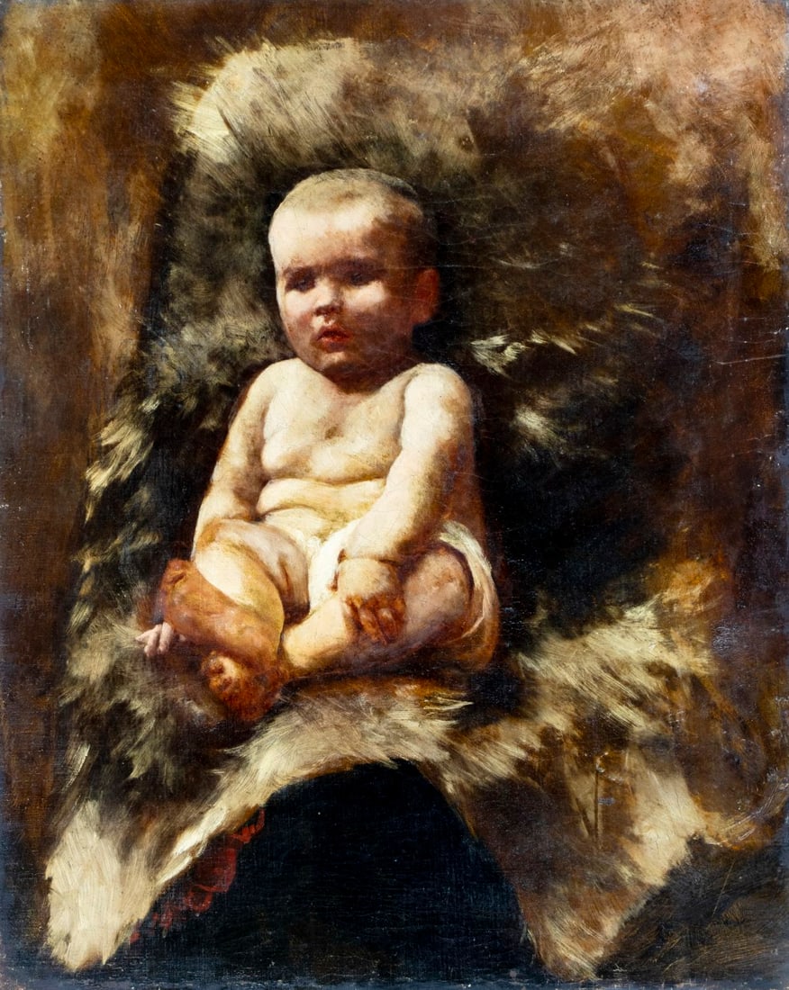 Antique 19C European oil painting: ARTIST: - (Europe, 19 century) TITLE: Portrait of Baby MEDIUM: oil on canvas CONDITION: Some damages to edges and corners of canvas. Minor paint losses mostly along edges