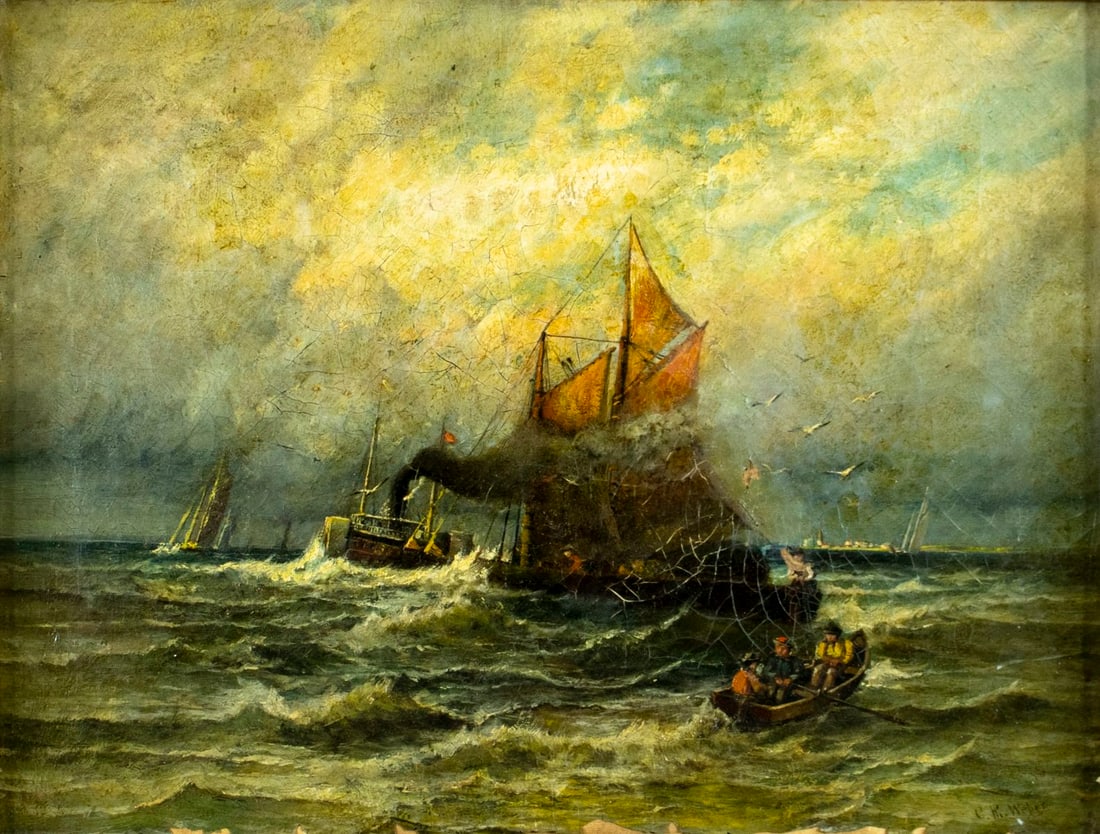 Carl Philipp Weber (PA,German,1849-1922) oil painting antique: ARTIST: Carl Philipp Weber (Pennsylvania, Germany, 1849 - 1922) TITLE: Seascape with Steamer and Fishing Boat MEDIUM: oil on canvas CONDITION: Some paint losses mostly alo