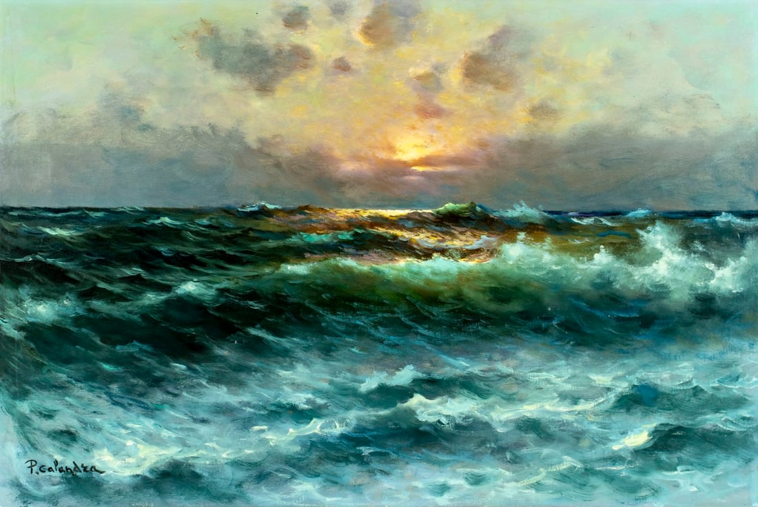 P Calandra (Italy,20C) oil painting: ARTIST: P Calandra (Italian, 20 century) TITLE: Sunset Seascape MEDIUM: oil on canvas CONDITION: One patch-repaired tear with corresponding paint losses. Few small faint scr