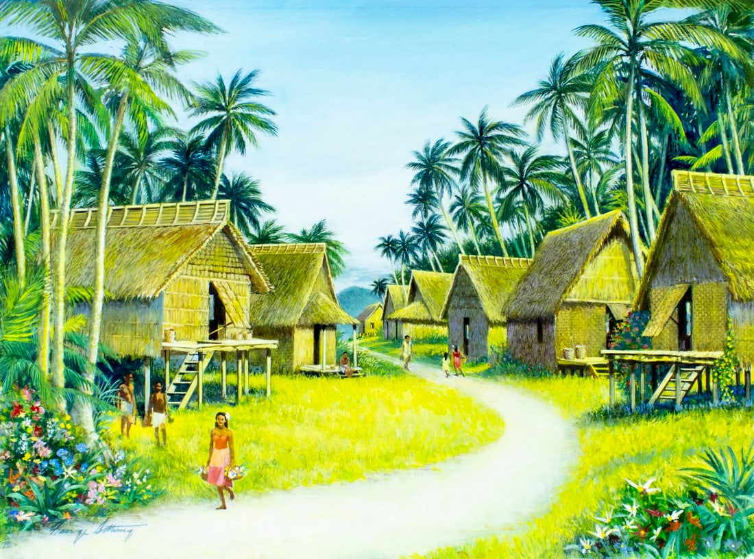 George Sottung (IL,1927-1999) oil painting: ARTIST: George Sottung (Illinois, 1927 - 1999) TITLE: Tourism Kapingamarangi Village, Micronesia (titled on verso) YEAR: 1993 MEDIUM: oil on board CONDITION: