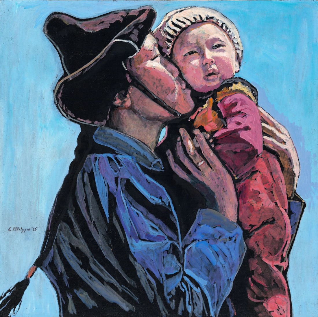 Evelyn Metzger (NY,Brazil,1911-2007) oil painting: ARTIST: Evelyn Borchard Metzger (New York, Brazilian, 1911 - 2007) TITLE: Mongolian Mother and Child, Maternal Kiss (titled on verso) YEAR: 1995 MEDIUM: oil on board