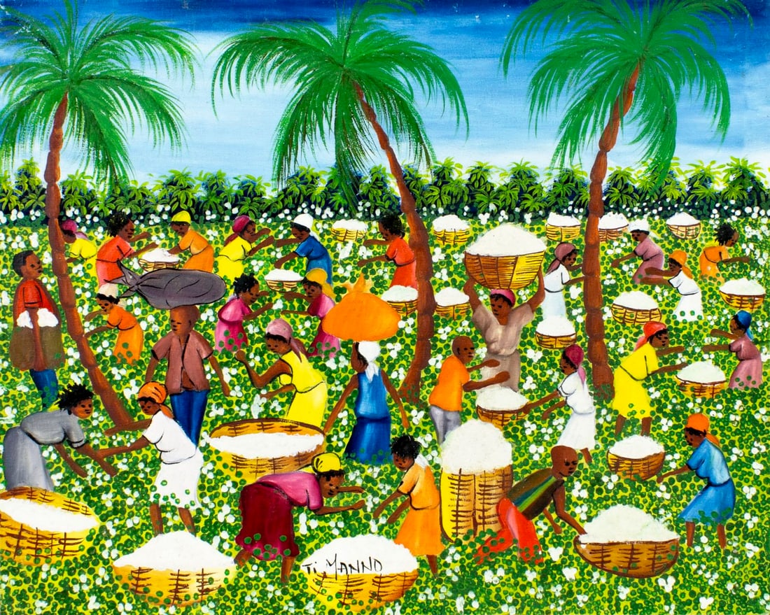 Ti Manno (Haiti,20C) oil painting: ARTIST: Ti Manno (Haitian, 20 century) TITLE: Haitian Cotton Harvest MEDIUM: oil on canvas CONDITION: One small patch. Some small scratches/paint losses. No visible inpaint