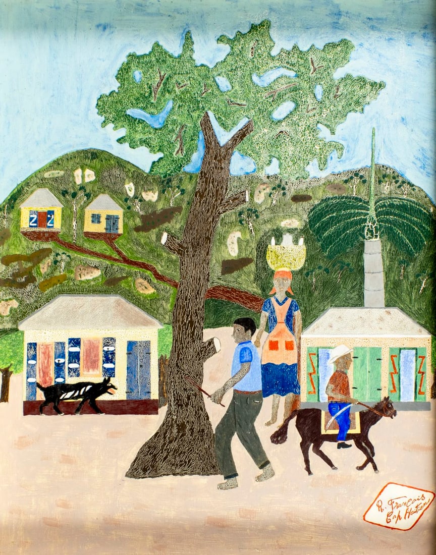 R Francois (Haiti,20C) oil painting: ARTIST: R Francois (Haitian, 20 century) TITLE: Haitian Vaillage Landscape MEDIUM: oil on board CONDITION: Minor paint losses. Some craquelure. No visible inpaint under UV l