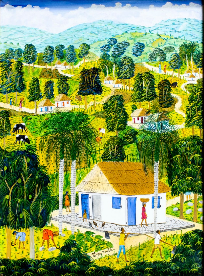 Abner Dubic (Haiti,1944-?) oil painting: ARTIST: Jean Abner Dubic (Haitian, 1944 - ???) TITLE: Haitian Village Landscape MEDIUM: oil on canvas CONDITION: Overall good. No visible inpaint under UV light.