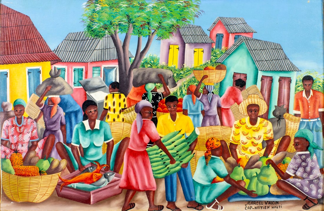 Marcel Valcin (Haiti,20C) oil painting: ARTIST: Marcel Valcin (Haitian, 20 century) TITLE: Haitian Market Scene MEDIUM: oil on canvas CONDITION: Some paint losses mostly along edges. No visible inpaint under UV li