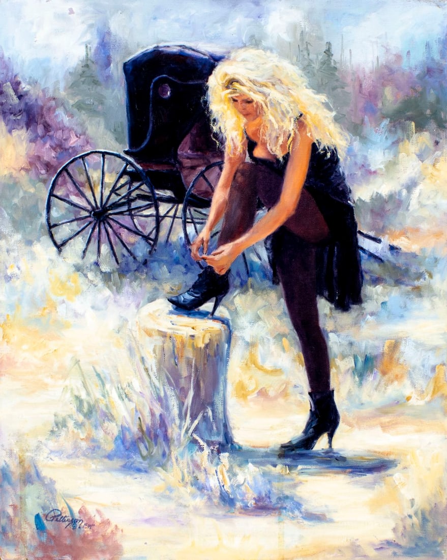 Margo Petterson (CA,b 1944) oil painting: ARTIST: Margo Petterson (California, born 1944) TITLE: Woman Tying Shoe MEDIUM: oil on canvas CONDITION: Few small paint losses. No visible inpaint under UV light.