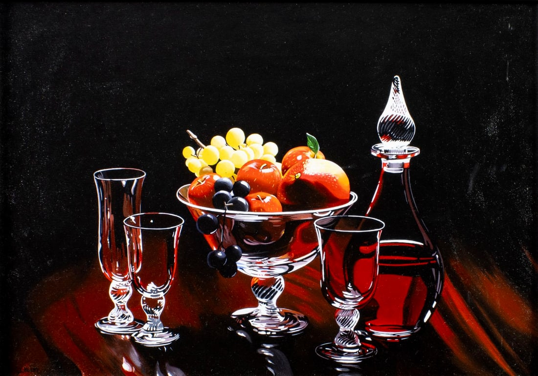 Ilkin Deniz (Turkey,FL,b 1961) acrylic painting: ARTIST: Ilkin Deniz (Turkish, Florida, born 1961) TITLE: Still Life with Fruit Bowl MEDIUM: acrylic on canvas board CONDITION: Very good. No visible inpaint under UV light.<