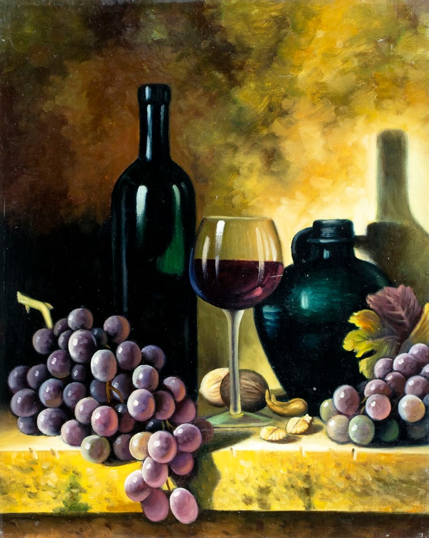 Vintage 20C oil painting: ARTIST: - (20 century) TITLE: Still Life with Grapes and Wine MEDIUM: oil on canvas CONDITION: Few small scratches/paint losses. No visible inpaint under UV light. Normal