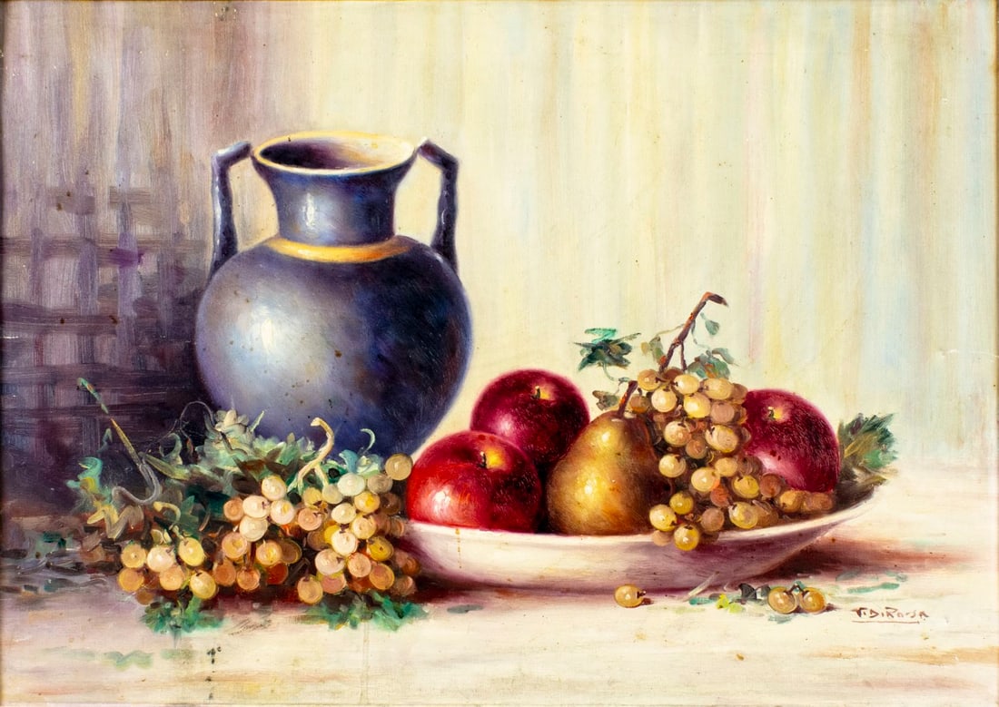 Vintage 20C European oil painting signed: ARTIST: - (Europe, 20 century) TITLE: Still Life with Vase and Fruit Plate MEDIUM: oil on canvas CONDITION: Some small scratches/paint losses. Minor craquelure. No visible