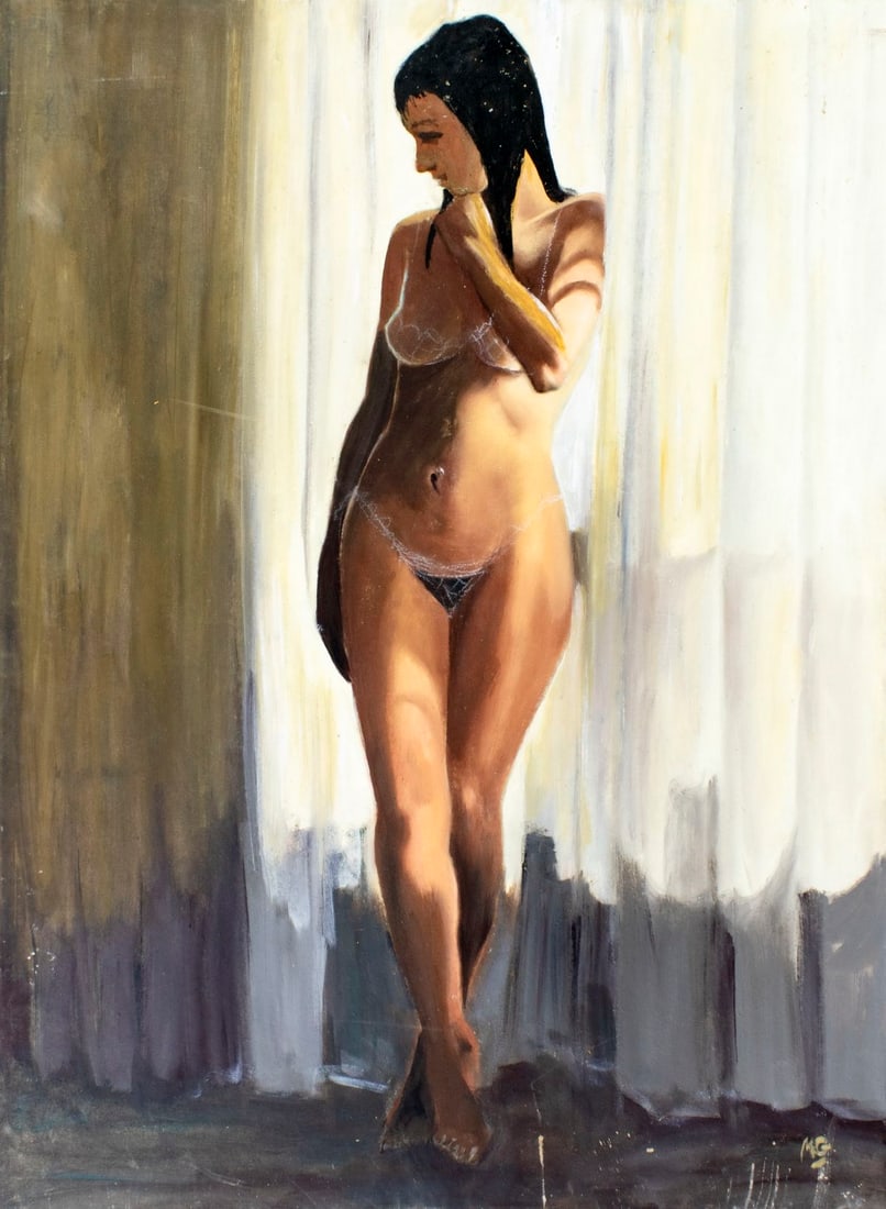 Marc Olivier Gregoire (France,1897-1991) oil painting: ARTIST: Marc Olivier Gregoire (French, 1897 - 1991) TITLE: Female Nude MEDIUM: oil on board CONDITION: Minor damages to edges and corners. Some scratches/paint losses (see