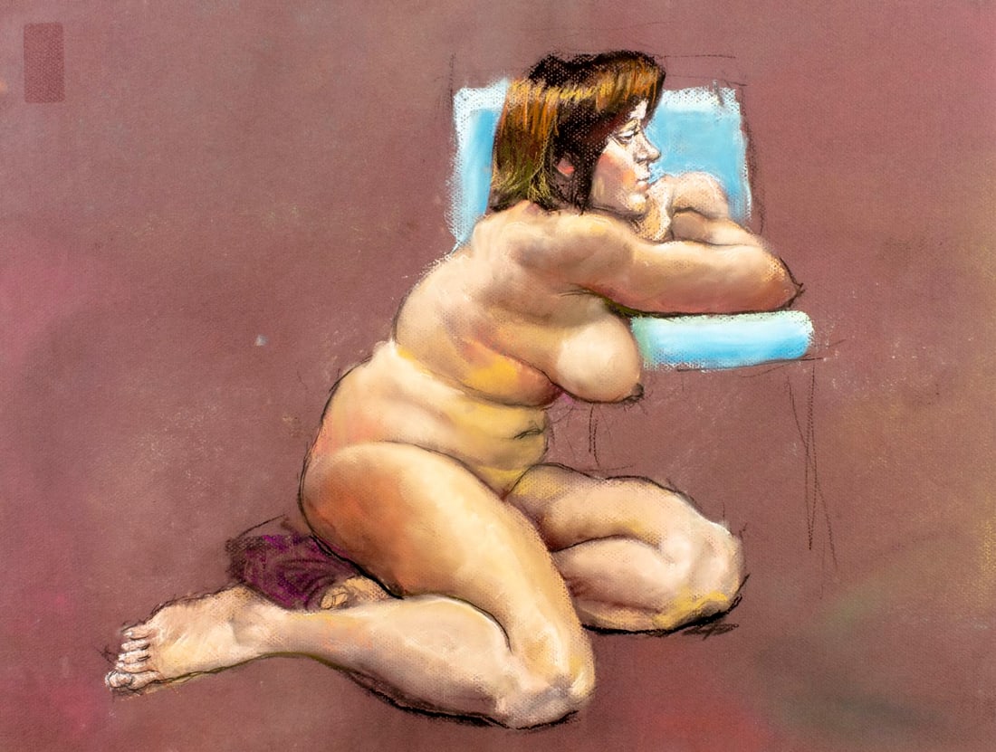 Karl Foster (PA,b 1933) pastel painting: ARTIST: Karl Foster (Pennsylvania, born 1933) TITLE: Nude MEDIUM: pastel on heavy paper CONDITION: Few small tears to right edge. ART SIZE: 20 x 26 inche