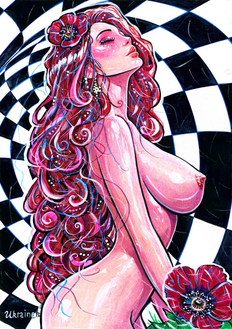 Alex Ukrainets (Ukraine,b 2001) mixed media painting: ARTIST: Alex Ukrainets (Ukrainian, born 2001) TITLE: Nude - The Mystery of Tenderness (titled on verso) MEDIUM: mixed media on heavy paper CONDITION: Very good. A