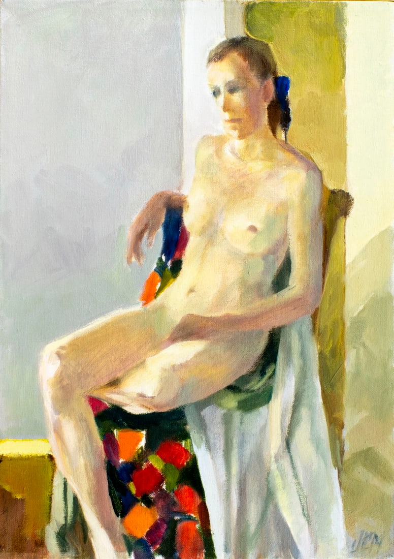 Vintage 20C oil painting signed: ARTIST: - (20 century) TITLE: Seated Nude MEDIUM: oil on canvas CONDITION: Very good. No visible inpaint under UV light. ART SIZE: 14 x 10 inches / 35